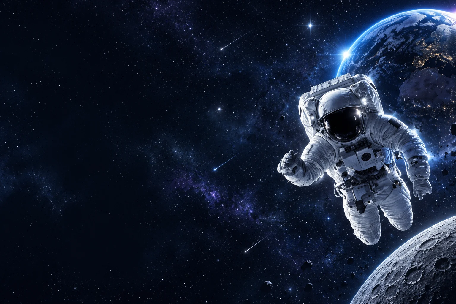 Astronaut vor der Erde in einer dunkelblauen Sternenlandschaft